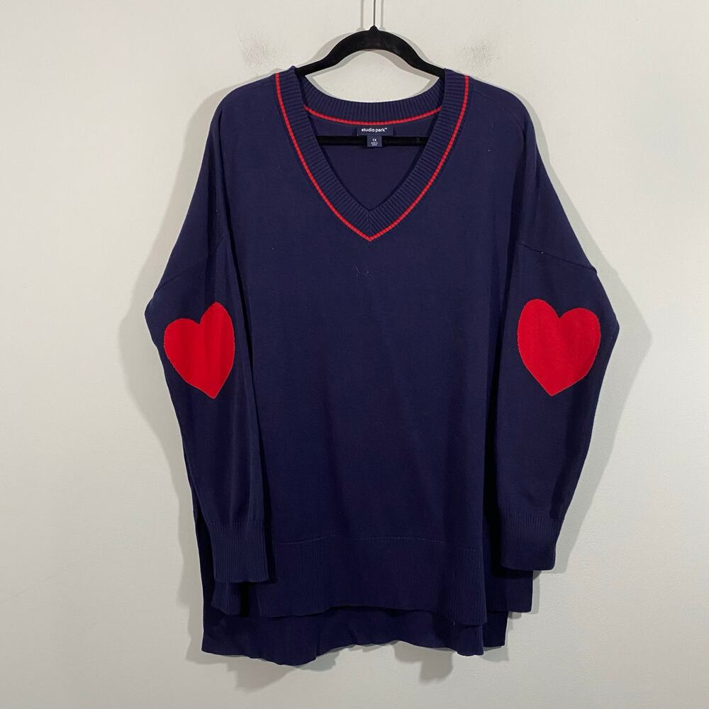 Studio Park X Amy Stran Navy V-neck Heart Shape Elbow Sweater Size 1X